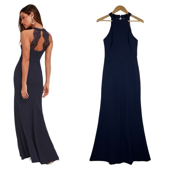 Lulus Dresses & Skirts - Lulus Dress Womens S Joella Halter Lace Back Formal Sleeveless Maxi Navy Blue